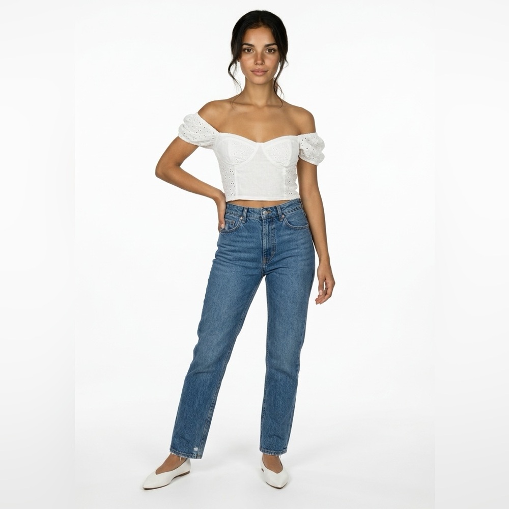 Billabong White Eyelet Puff Sleeve Bustier Crop Top Size M